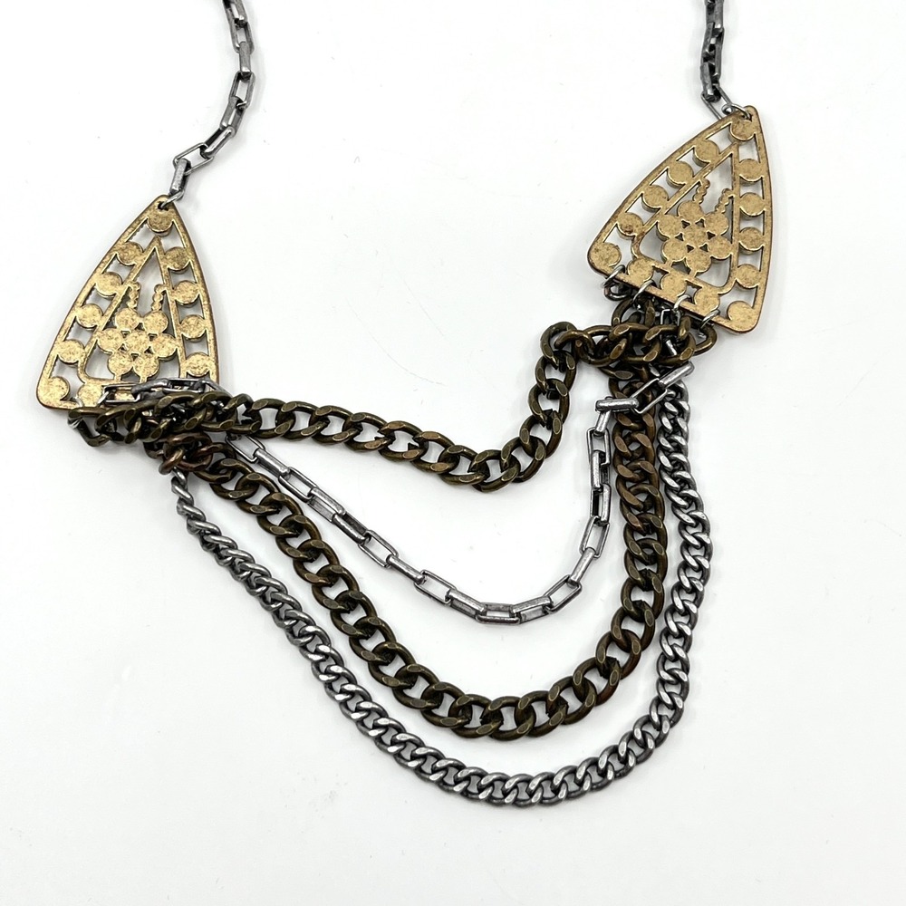VTG Plunder Mixed Metal Tiered Drape Necklace Bronze & Silver Tone Rhinestone - Picture 9 of 15